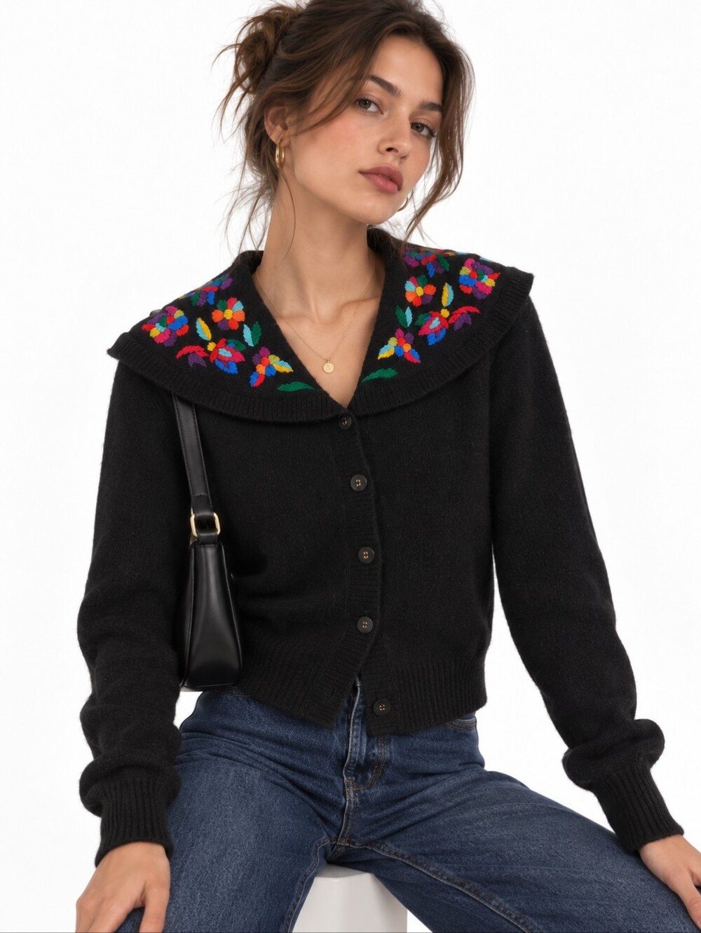 Vibrant Vintage Embroidered Black Cardigan Silk, Angora & Lambswool Blend